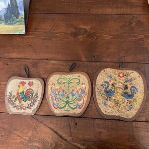 Vintage  Cork Trivets PA Dutch Roosters on Wood Apples CottageCore Country Decor